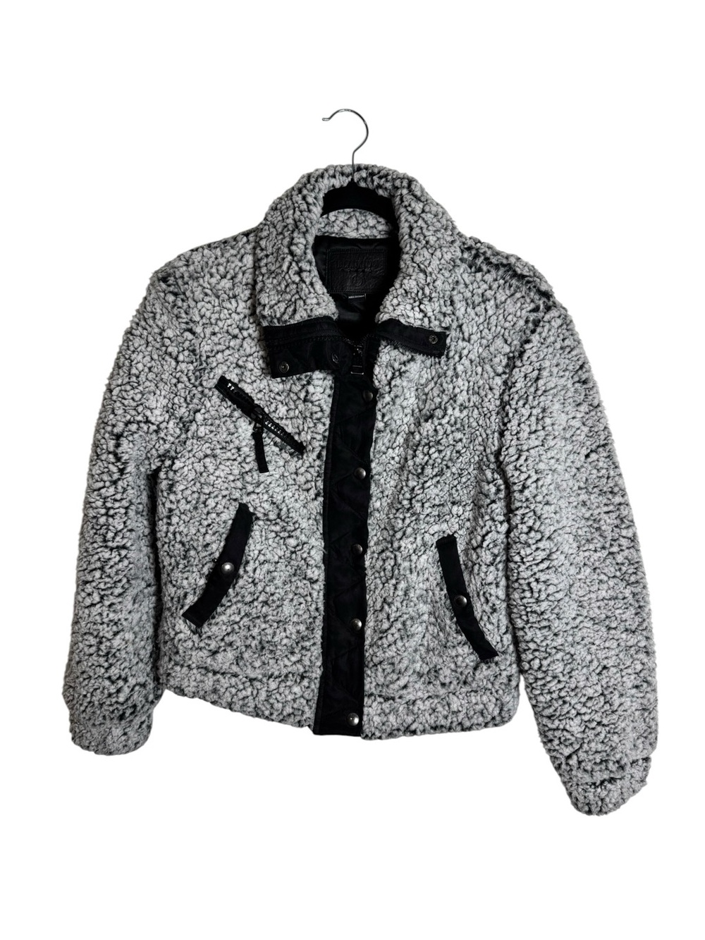 Blank NYC Gray Faux Shearling Sherpa Teddy Moto Jacket Coat Black Trim XS